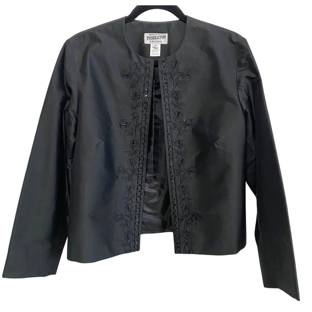 VTG Pendleton 100% Silk Embroidered Beaded Evening Jacket Sz 12 Noir Luxury